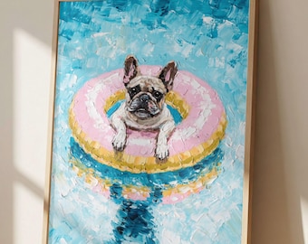 French Bulldog Pool Float Wall Art Print, Impressionist Dog Painting, Beach Dog Decor, Coastal Summer Artwork, Frenchie Gift