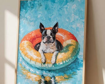 Boston Terrier Pool Float Wall Art Print, Impressionist Dog Painting, Pool Dog Decor, Coastal Summer Artwork, Boston Terrier Gift