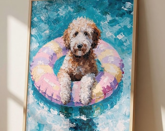 Goldendoodle Pool Float Wall Art Print, Impressionist Dog Painting, Beach Dog Decor, Coastal Summer Artwork, Goldendoodle Gift