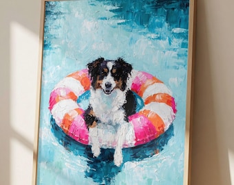 Australian Shepherd Pool Float Wall Art Print, Impressionist Dog Painting, Beach Dog Decor, Coastal Summer Artwork, Aussie Gift