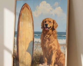 Golden Retriever Beach Wall Art Print, Coastal Dog Artwork, Surfboard Dog Painting, Ocean Coastal Decor, Dog Lover Gift