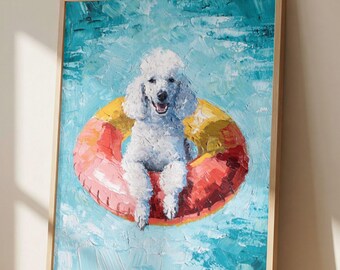Poodle Pool Float Wall Art Print, Impressionist Poodle Painting, Beach Dog Decor, Coastal Summer Artwork, Poodle Lover Gift