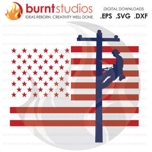 May include: Digital download graphic featuring an American flag design with a lineman climbing a utility pole. The flag has red and white stripes with red stars. The text "burnt studios" and "IDEAS REBORN. CREATIVITY WELL DONE." are at the top.