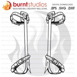 May include: A black and white line art illustration of two climbing crampons with straps and spikes. The image is a digital download in .eps, .svg, and .dxf formats.