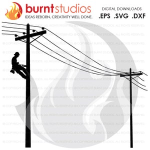 May include: Silhouette of a worker climbing a utility pole with power lines. The worker is wearing a hard hat and is holding onto the pole with one hand. The pole is tall and has a crossbar with several insulators.