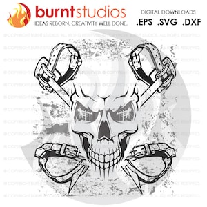 May include: Black and white illustration of a skull with crossed climbing gear. The skull's eyes are replaced with images of power lines. The background is a distressed gray texture. The text "burntstudios" and "IDEAS REBORN. CREATIVITY WELL DONE." is at the top of the image.