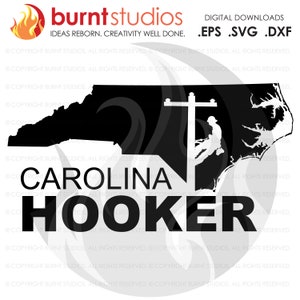 May include: Black and white digital design featuring the outline of North Carolina with a lineman on a utility pole. The text "CAROLINA HOOKER" is displayed in bold, capital letters. The Burnt Studios logo is at the top.