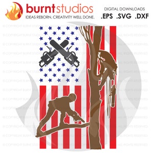 May include: Silhouette of a person cutting down a tree with a chainsaw, superimposed on an American flag. The flag is red, white, and blue with white stars on a blue field. The chainsaw is crossed over the stars.