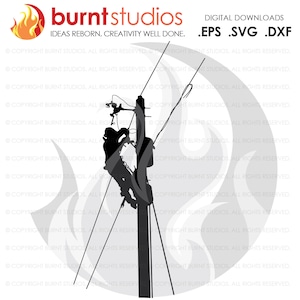 May include: Silhouette of a worker climbing a utility pole with wires and equipment. The worker is wearing safety gear and is working on the pole. The image is in black and white.