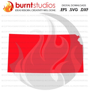 May include: A red outline of the state of Kansas. The outline is on a white background with a red flame design.