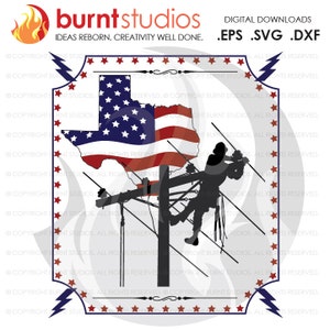 Könnte beinhalten: Silhouette eines Arbeiters, der einen Strommast mit Stromleitungen hinaufklettert. Der Mast befindet sich vor einem texanischen Umriss der amerikanischen Flagge. Das Bild ist von einem Rand aus roten Sternen umgeben.