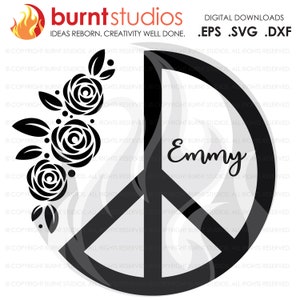 Archivo de corte SVG, signo de paz con flores y nombre personalizable, paz, amor y felicidad, flores, diseño de calcomanías, vinilo, bricolaje