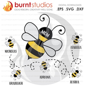 SVG Cutting File, Mom Bumblebee & Baby Bees, Mom Bee and Babies, Bumblebees, Mother&#39;s Day, Mama Bee, Customizable, Mother&#39;s Day Gift, DIY