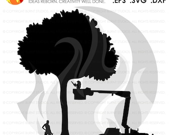 SVG Cutting File, Female Tree Trimmers and Bucket Truck, Arborist, Climbing Hooks, Spikes, Gaffs, Skull,  Shirt Design, Decal Design, PNG