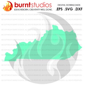May include: A digital download of a Kentucky state outline in a teal color. The outline is surrounded by a white background with the text "burnt studios" and "IDEAS REBORN. CREATIVITY WELL DONE." at the top of the image. The text "DIGITAL DOWNLOADS .EPS .SVG .DXF" is also included at the top of the image. The bottom of the image is filled with the text "COPYRIGHT BURNT STUDIOS. ALL RIGHTS RESERVED." repeated multiple times.