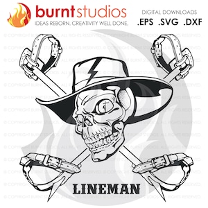 SVG Cutting File, Lineman Skull with Hooks New, Line Life, Power Lineman, Journeyman, Wood Walker, Storm Chaser, DIY, Vinyl, Cricut, PNG