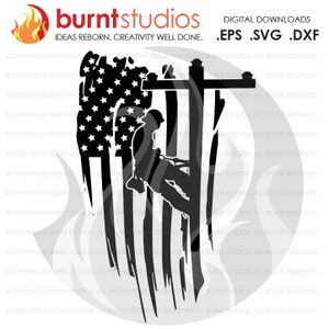 May include: A black and white silhouette of a person climbing a utility pole, with an American flag in the background. The flag is distressed and has a grunge effect.