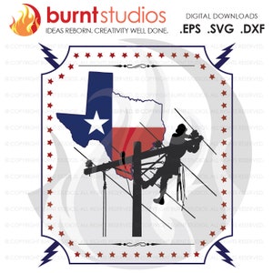 Op de afbeelding: Een silhouet van een monteur die aan een stroomlijn werkt, met de vlag van de staat Texas op de achtergrond. De vlag is rood, wit en blauw, met een witte ster in het midden. De afbeelding is omgeven door een rand van rode sterren.