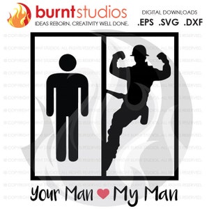 Op de afbeelding: Zwart-wit silhouetontwerp van twee figuren, één staand en één klimmend. De tekst "Your Man My Man" staat onder de figuren met een roze hart tussen de woorden.