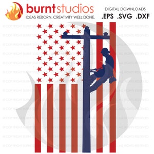 May include: Silhouette of a worker climbing a utility pole against a red, white, and blue American flag background. The worker is wearing a hard hat and is secured to the pole with a safety harness. The flag is made up of 13 red and white stripes and a field of blue stars.