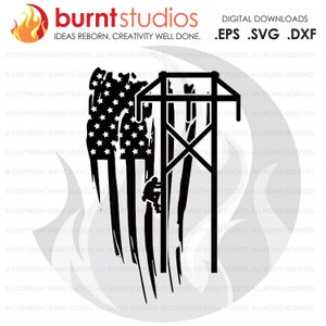 May include: Black and white silhouette of a power line worker climbing a power pole with an American flag in the background. The flag is distressed and has a grunge effect.