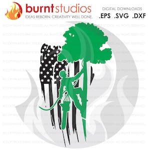 SVG Cutting File, Tree Trimmer on USA Grunge Flag with Tree & Leaves, United States of America, Arborist, Tree Climber, Climbing Hooks, PNG