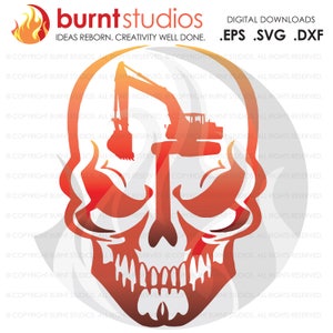 May include: A digital download graphic featuring a skull design with an excavator inside. The skull and excavator are in shades of orange and red. The text "burnt studios" and "IDEAS REBORN. CREATIVITY WELL DONE." are at the top, along with file type options.