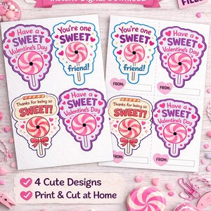 May include: Printable Valentine's Day lollipop cards with four cute designs. The cards feature lollipop graphics with phrases like "Have a Sweet Valentine's Day" and "You're one Sweet friend!" Instant digital download.