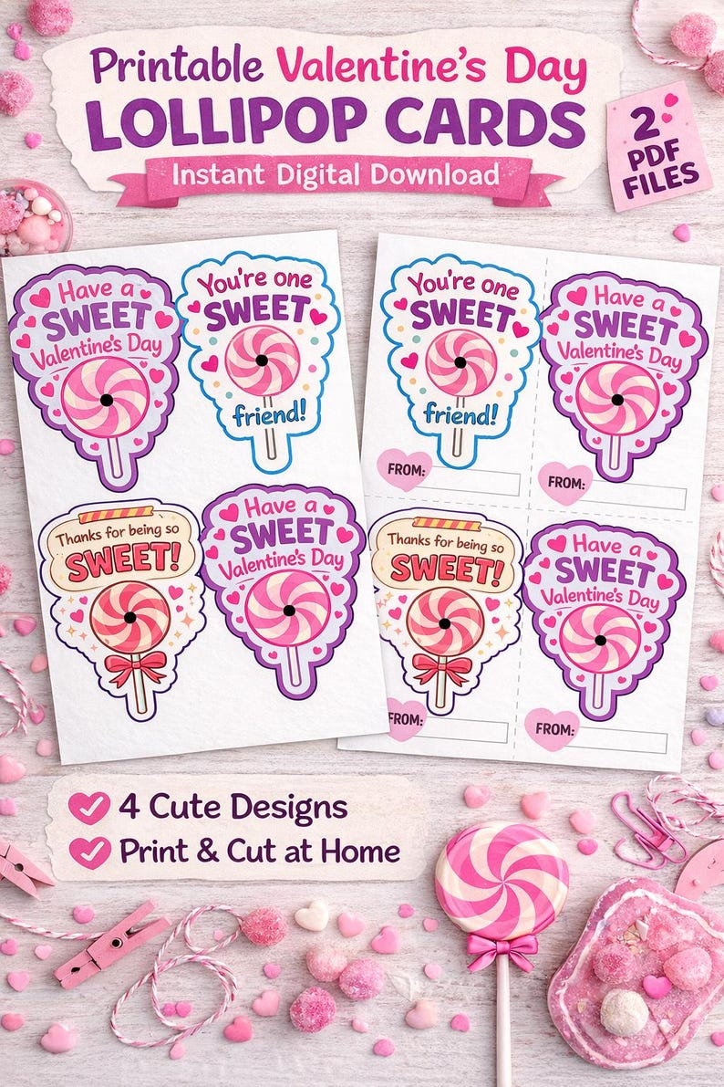 May include: Printable Valentine's Day lollipop cards with four cute designs. The cards feature lollipop graphics with phrases like "Have a Sweet Valentine's Day" and "You're one Sweet friend!" Instant digital download.