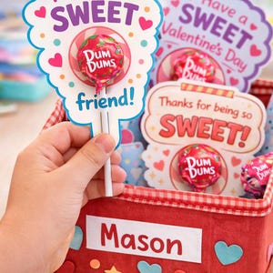 May include: A Valentine's Day gift basket with a red gingham-lined box, decorated with hearts and stars. The box holds lollipop cards that say "You're one SWEET friend!" and "Have a SWEET Valentine's Day."