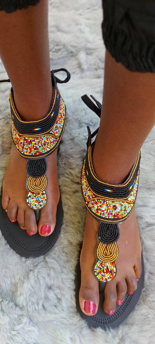 African Beaded Gladiator Sandalsbeaded Leather Sandalsmasai | Etsy