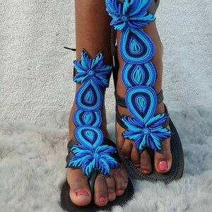 Beaded sandals for women, blues beads sandals, Blue gladiator sandals, beaded gladiators