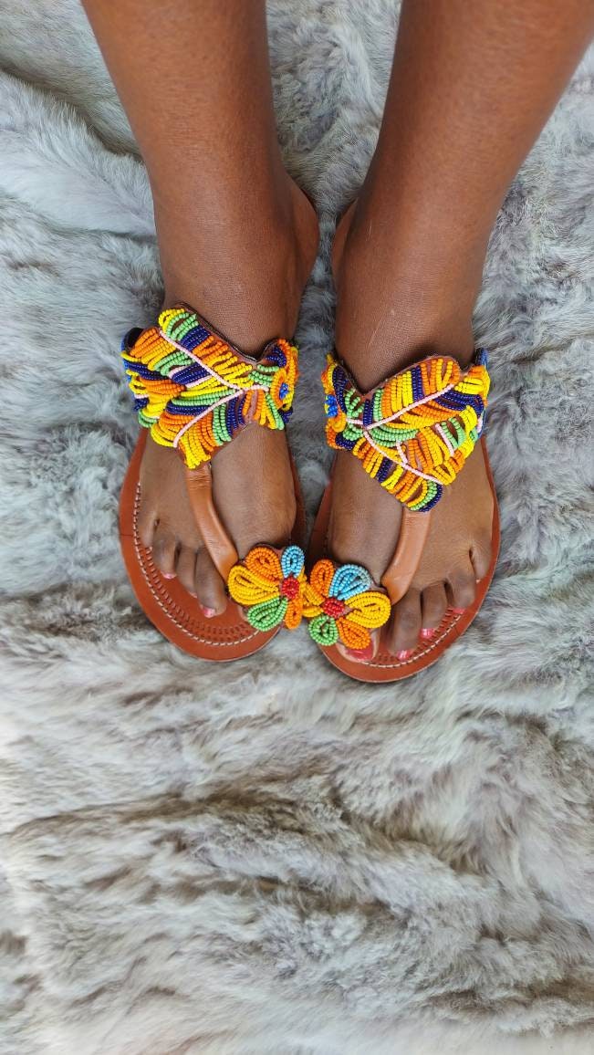Maasai beaded African sandals handmade leather slip-ons PEPEA