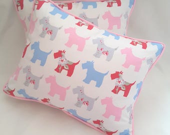 43cm square Cushion cover in Clarke & Clarke Scotties Dog Pink Blue fabric 17" 