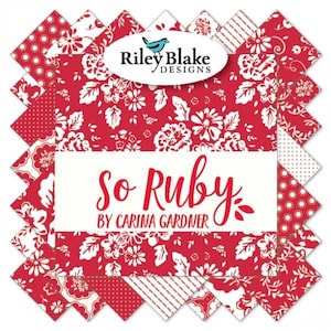 May include: A stack of red and white fabric squares with a floral pattern. The fabric squares are labeled "So Ruby" by Carina Gardner and "Riley Blake Designs".