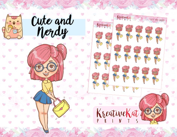 Cute And Nerdy Planner Sticker School Girl Study Chibi Cartoon Kawaii Glasses Hand Drawn Repositionable