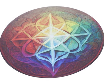 May include: A round, colorful mandala with a geometric design. The mandala is made up of a series of overlapping circles and triangles, with a central starburst. The colors are vibrant and include red, orange, yellow, green, blue, indigo, and violet.