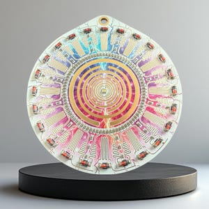 May include: A circular, white, and gold-colored circuit board with a rainbow-colored pattern. The board has a central circular design with a maze-like pattern and is surrounded by a ring of smaller circles.