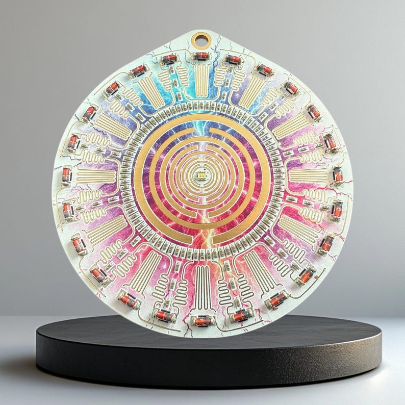 May include: A circular, white, and gold-colored circuit board with a rainbow-colored pattern. The board has a central circular design with a maze-like pattern and is surrounded by a ring of smaller circles.