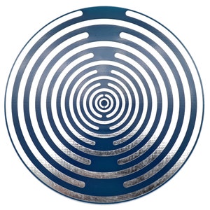 May include: A circular, blue and silver metallic sticker with concentric circles.