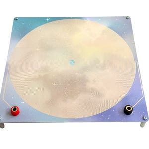 Op de afbeelding: Een cirkelvormige spoel van draad op een blauwe en witte achtergrond met een sterrenpatroon. De spoel is omgeven door een witte rand. Aan de zijkant zitten twee rode en zwarte draadconnectoren.