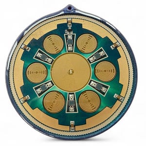 Puede incluir: Componente electrónico circular con un diseño complejo. El centro presenta un círculo dorado rodeado de siete espirales doradas. El anillo exterior es verde azulado y dorado, con pequeños componentes negros y un borde azul.