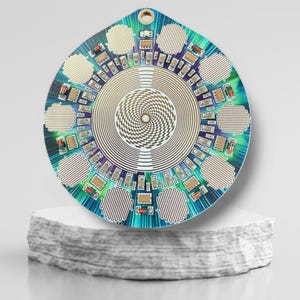 Puede incluir: Una placa de circuito electrónico circular con un diseño en espiral en el centro. La placa está rodeada por un anillo de circuitos más pequeños. La placa es verde, azul y dorada.