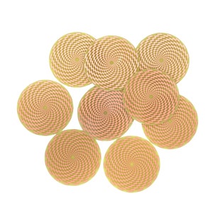 May include: Eight round coasters with a swirling pattern in shades of pink and gold.