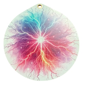 May include: Round, white ornament with a colorful lightning bolt design. The lightning bolts are pink, blue, yellow, and orange. The background is a light gray with a subtle sparkle effect.