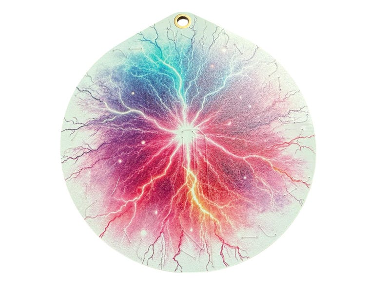 May include: Round, white ornament with a colorful lightning bolt design. The lightning bolts are pink, blue, yellow, and orange. The background is a light gray with a subtle sparkle effect.