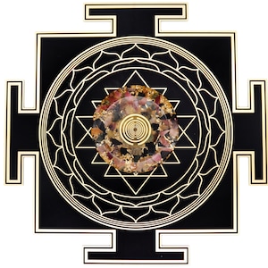 May include: A black and gold geometric design with a central circular element. The design features intricate patterns and a central circle with a spiral and embedded crystals. The overall aesthetic is spiritual and decorative.