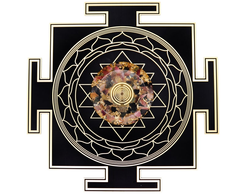 May include: A black and gold geometric design with a central circular element. The design features intricate patterns and a central circle with a spiral and embedded crystals. The overall aesthetic is spiritual and decorative.