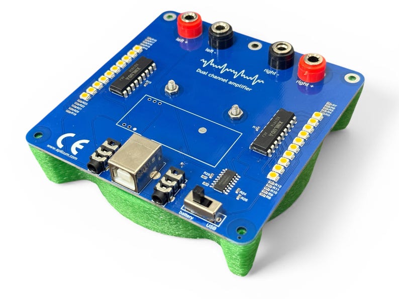 May include: A blue dual-channel amplifier circuit board with a green base. It features various electronic components, including a USB port, audio jacks, and terminal connectors. The board has text that reads "Dual channel amplifier".