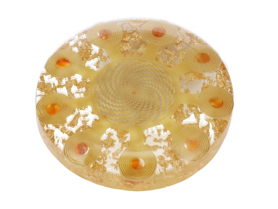 Crystal grid EMF protection orgone energy disc with Lakhovsky MWO, scalar wave vortex antenna and carnelian crystals, orgone charging disc